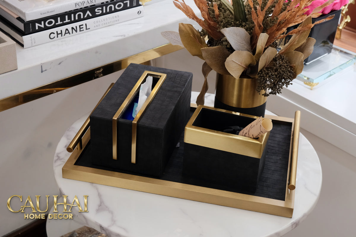 Maison Couture - Set Khay Hộp Giấy Gỗ Sồi Da Cao Cấp Có Bình Hoa - Luxe Oakwood Birkin Noire Vanities 4Pcs 30x40-CẬU HAI HOME DECOR
