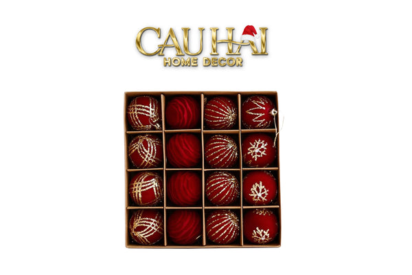 FÊTES COUTURE -  SET CHÂU NHUNG ROUGE VELOUR CHRISTMAS ORNAMENTS 16PCS