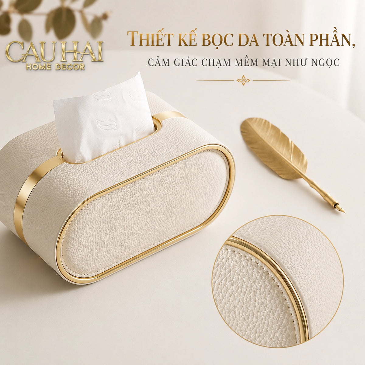 Hộp Khăn Giấy Da Litchi LB Class Oval Spéciale Crystal Bloom Ivory 22x13x10.7-HỘP KHĂN GIẤY-CẬU HAI HOME DECOR