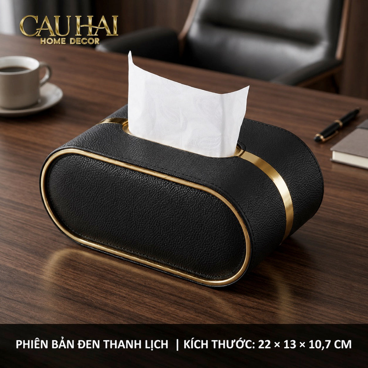 Hộp Khăn Giấy Da Litchi V Class Oval Spéciale Medusa Limited Noir 22x13x10.7-HỘP KHĂN GIẤY-CẬU HAI HOME DECOR