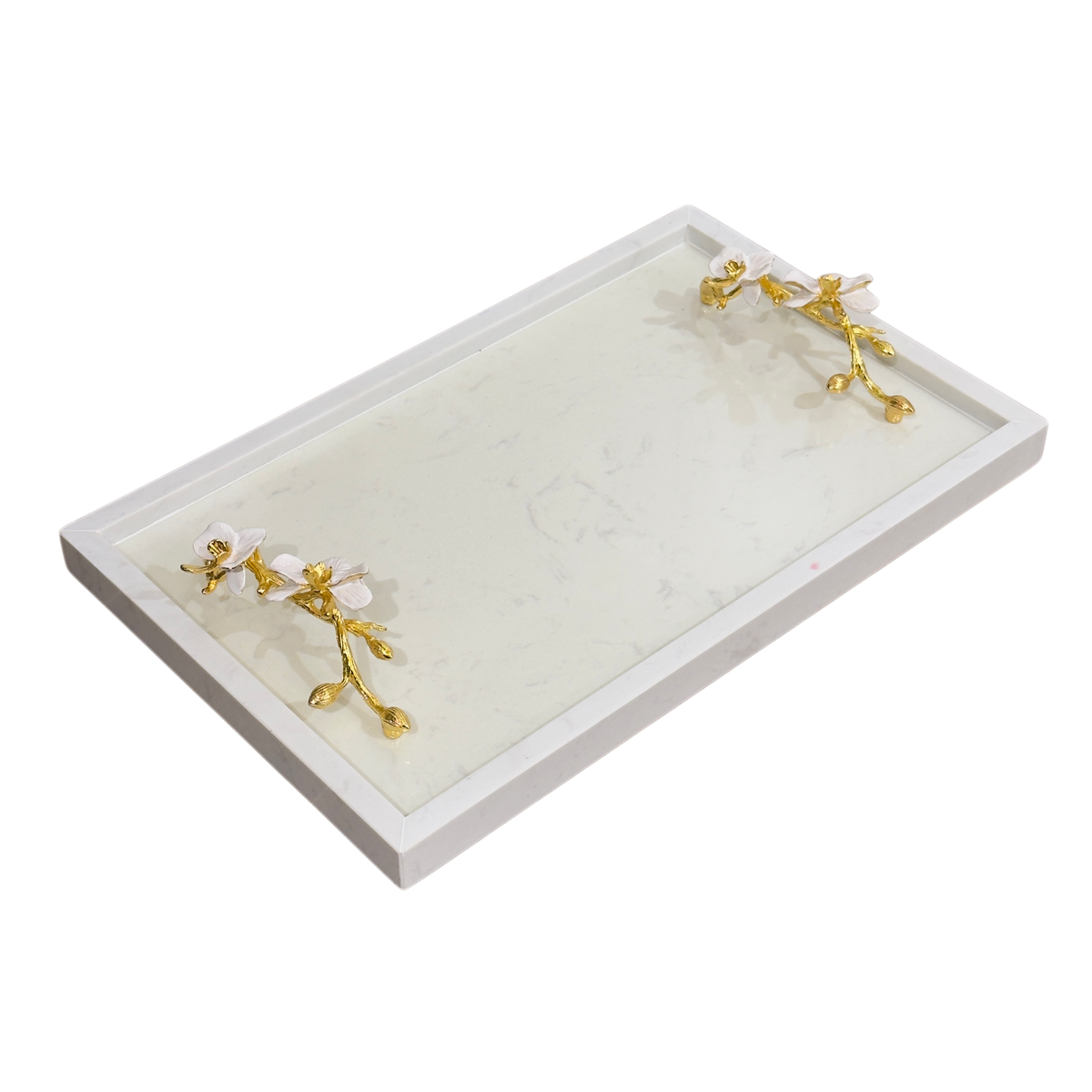 Maison Couture - Haute Orchid Golden Branches Decorative Rectangular Marble Tray 22x37