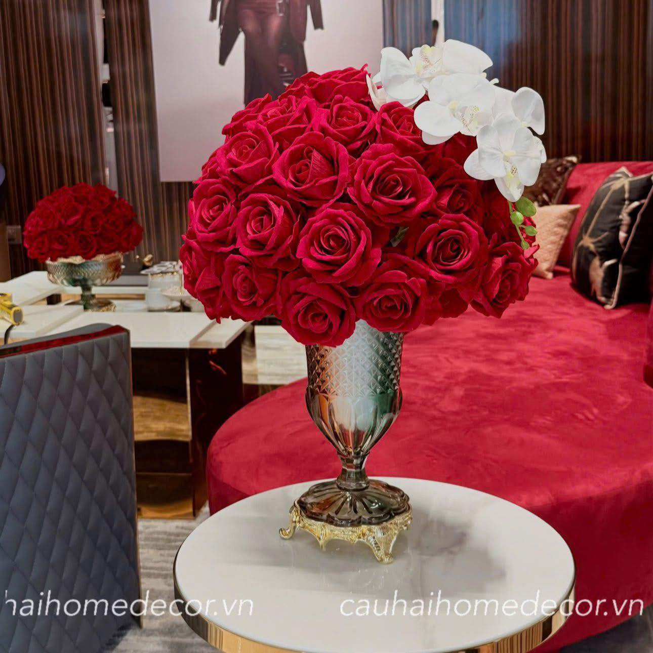 Home Couture - Set Bình Hoa Hồng Rouge Velour Crimson Rosé - Arc-En-Ciel Cristal Vase.-CẬU HAI HOME DECOR