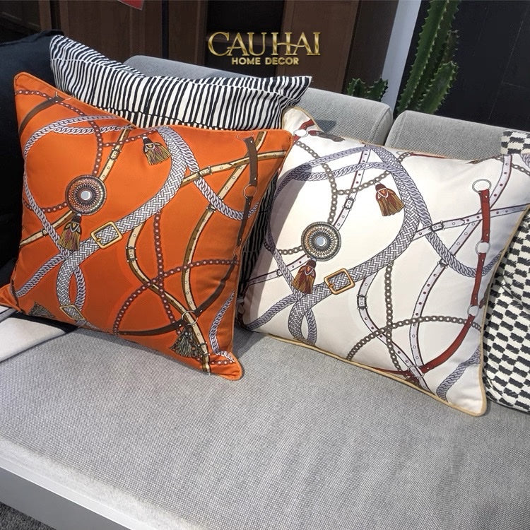 VỎ GỐI COTTON SATIN  LES RÊNES ÉQUESTRES - BLANC ROUGE 45