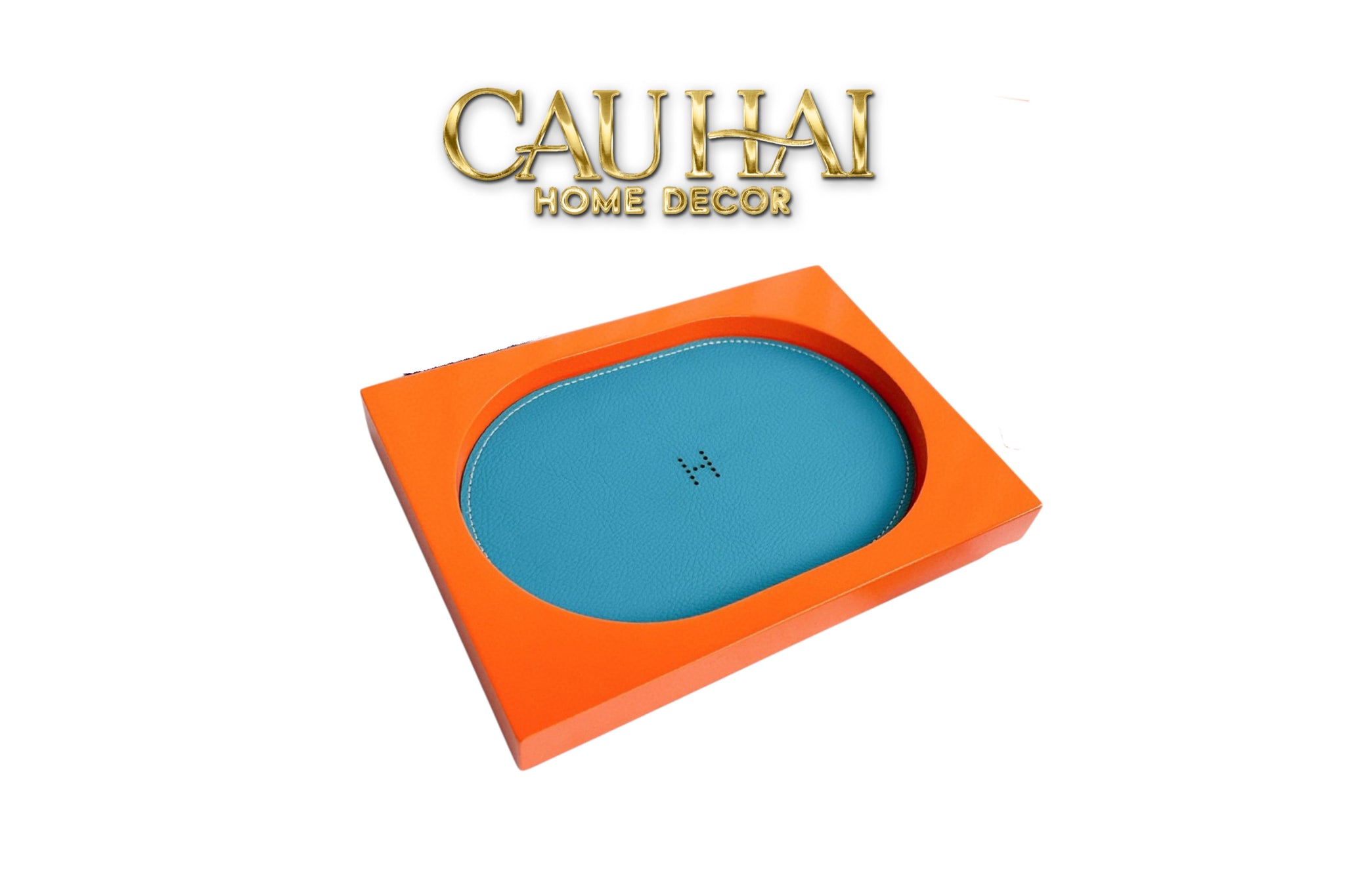 Maison Couture – Khay Chữ Nhật Gỗ Lót Da Équinoxe Cyan