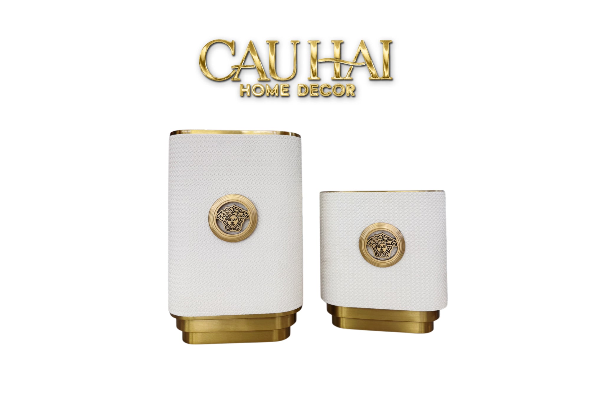 Set 2 Bình Hoa Bọc Da Cao Cấp - Leather Riviera Ivory Gilded Medusa