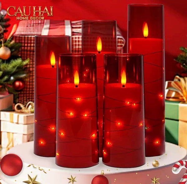 FÊTES COUTURE -  SET NẾN ĐIỆN FLAME – BOUGIES ROUGES CRISTAL CANDLES 3PCS
