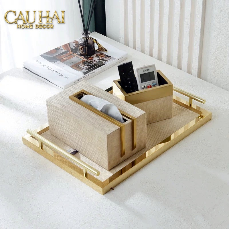 HOME COUTURE - SET KHAY HỘP GIẤY LATTE BIRKIN PREMIUM + LEATHER TRAY 3PCS