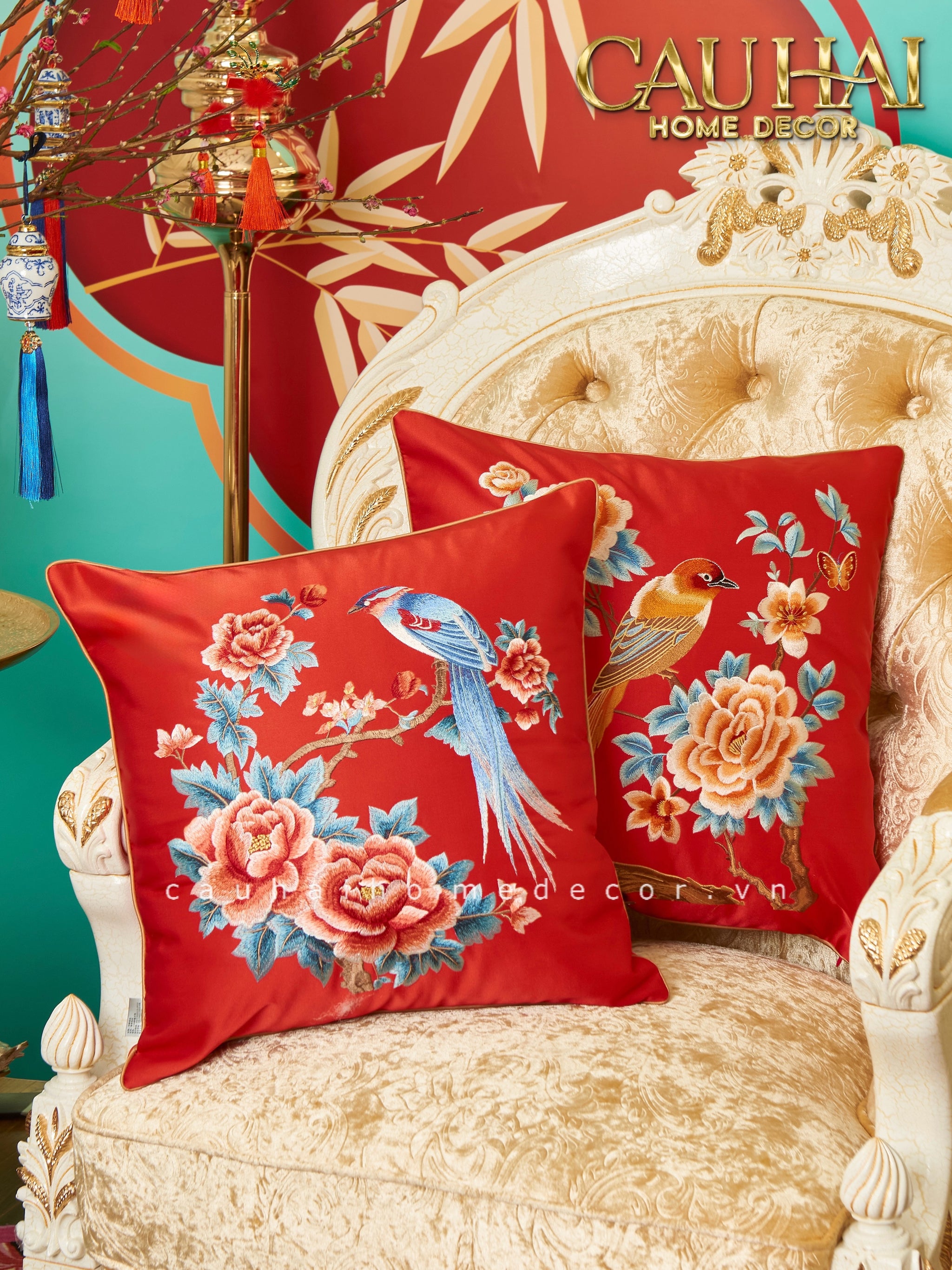 Tết Couture - Vỏ Gối Lụa Thêu Hỷ Cảnh / Xuân Yến