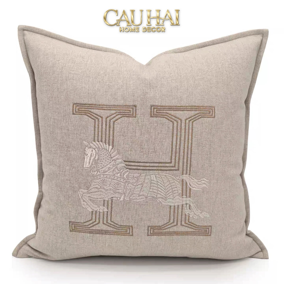 Vỏ Gối Linen Thêu Cheval Équestre Ivory 45x45