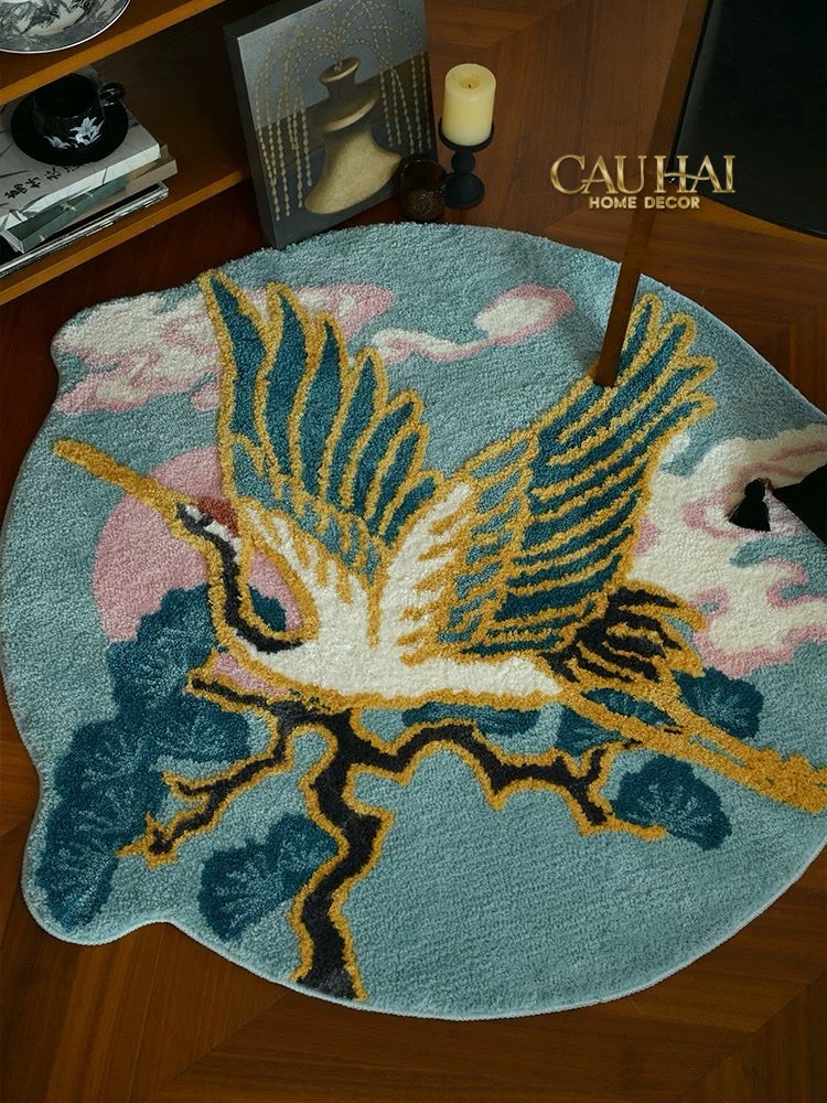 Thảm Tròn Sợi Dệt D120 - Hạc Kim Phi Vân Grue Dorée en Plein Vol - CẬU HAI HOME DECOR