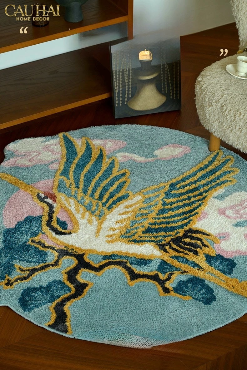 Thảm Tròn Sợi Dệt D120 - Hạc Kim Phi Vân Grue Dorée en Plein Vol - CẬU HAI HOME DECOR