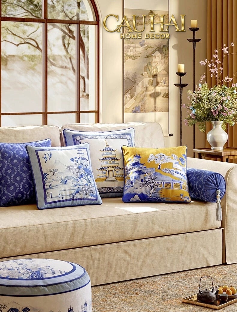 Tết Couture - Gối Nhung Indochine Éventail Paysage Bleu - CẬU HAI HOME DECOR