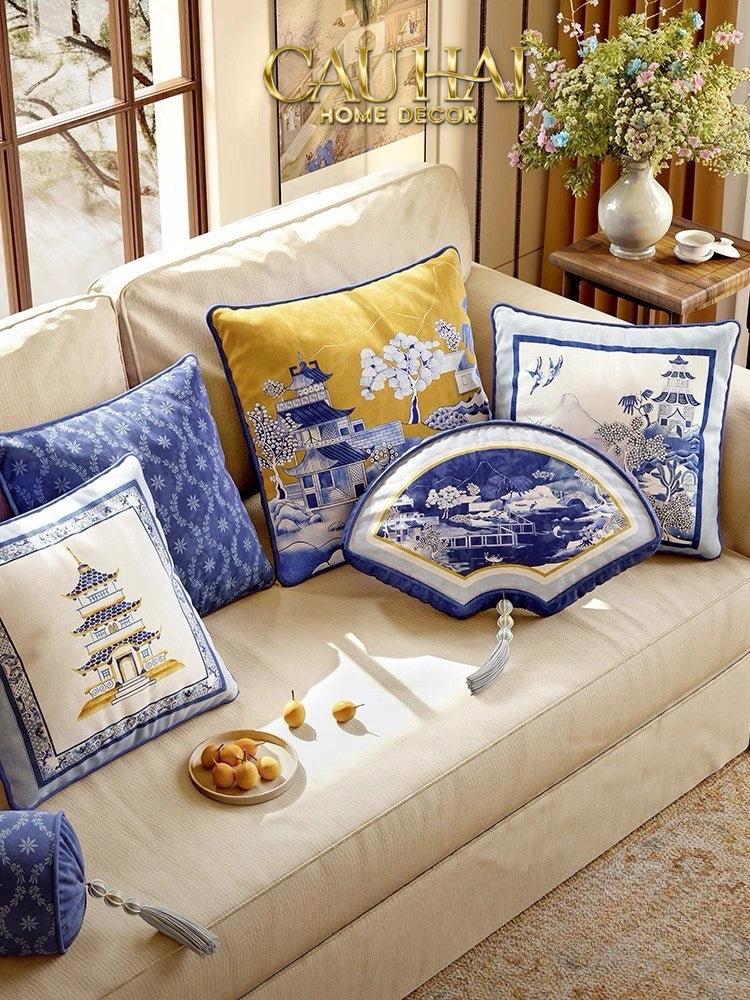Tết Couture - Gối Nhung Indochine Éventail Paysage Bleu - CẬU HAI HOME DECOR