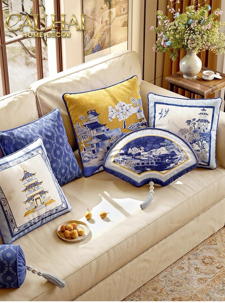 Tết Couture - Gối Nhung Indochine Éventail Paysage Bleu - CẬU HAI HOME DECOR