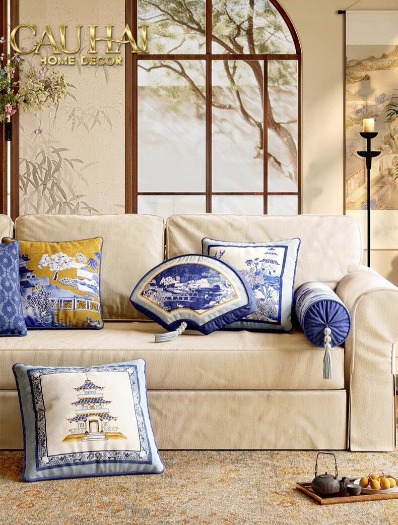 Tết Couture - Gối Nhung Indochine Éventail Paysage Bleu - CẬU HAI HOME DECOR