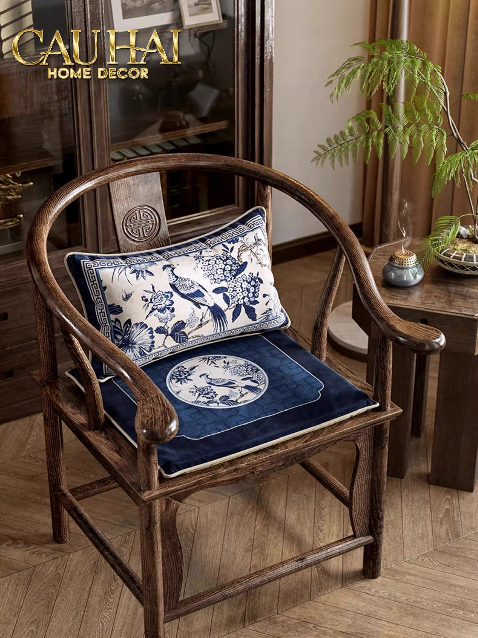 Tết Couture - Gối Nhung Indochine Éventail Paysage Bleu - CẬU HAI HOME DECOR