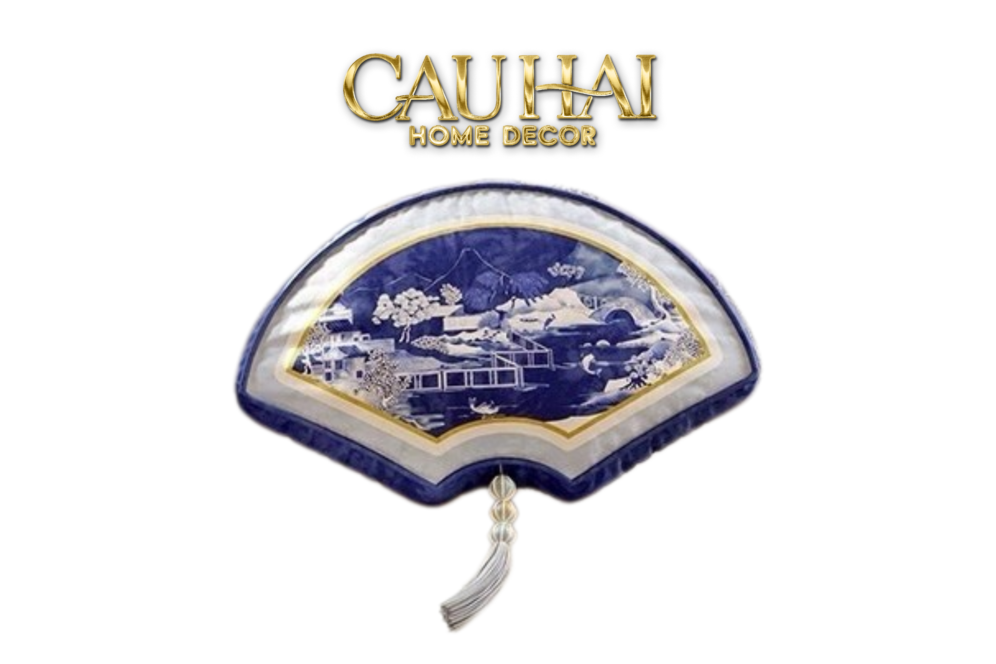 Tết Couture - Gối Nhung Indochine Éventail Paysage Bleu - CẬU HAI HOME DECOR
