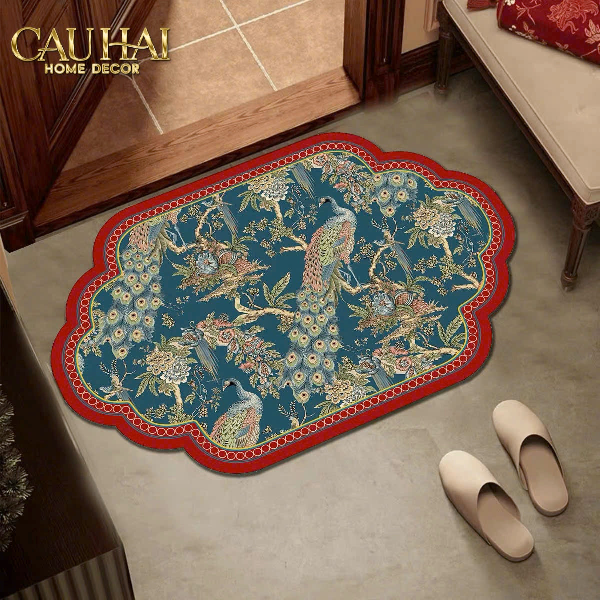 Tết Couture - Thảm Cửa Microfiber 50x75 - Song Công Phú Quý Peacock Prosperity - CẬU HAI HOME DECOR