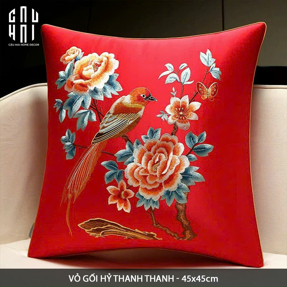 Tết Couture - Vỏ Gối Lụa Thêu Hỷ Cảnh Mẫu Đơn 45. - CẬU HAI HOME DECOR