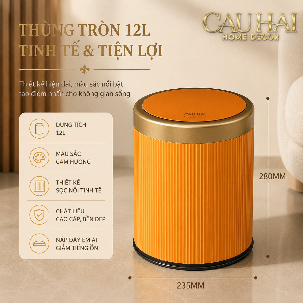Thùng Rác Nắp Lật Équestre Mandarin 12L-Thùng Rác-CẬU HAI HOME DECOR