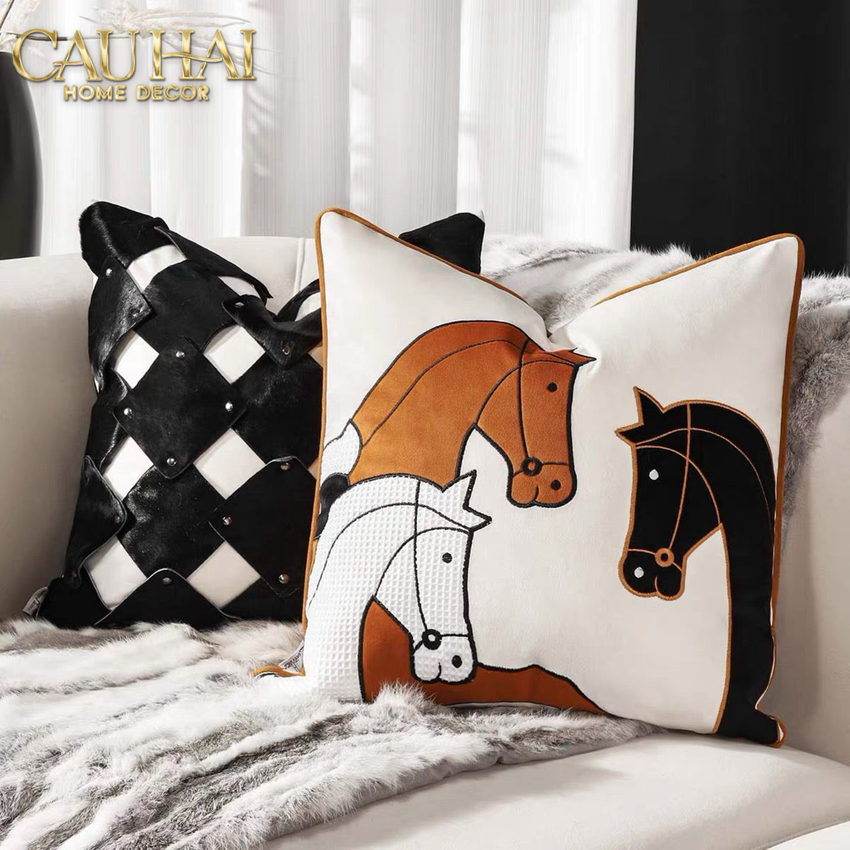 Vỏ Gối Nhung Triptyque Équestre Moderne Embroidered Belt 45-VỎ GỐI SOFA-CẬU HAI HOME DECOR