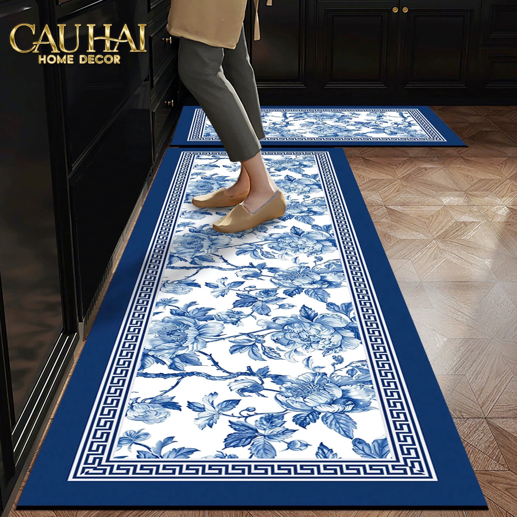 Thảm Bếp Microfiber 150 - Porcelain Revival Art - Indochine Oriental Bloom Kitchen Mat