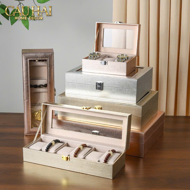 HỘP ĐỒNG HỒ DA GLAZE CHAMPAGNE 6 SLOTS-CẬU HAI HOME DECOR