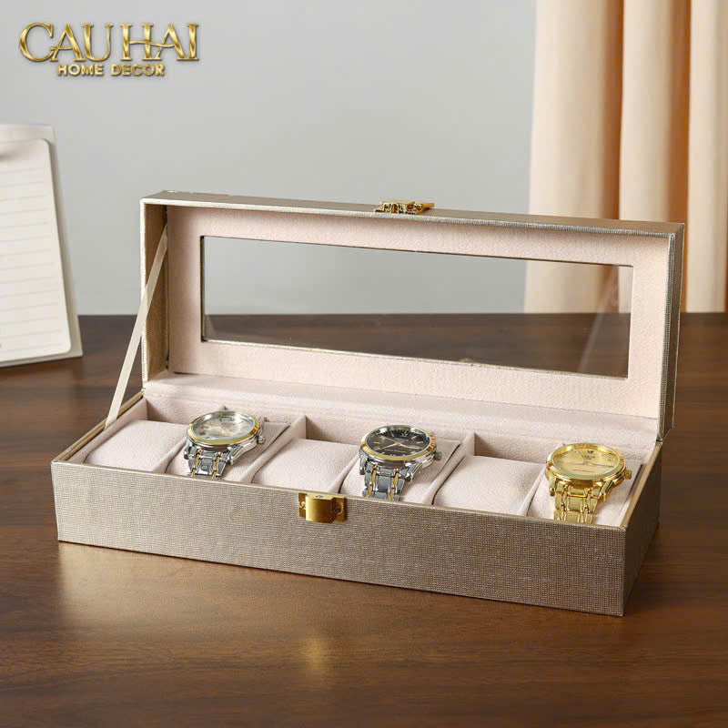 HỘP ĐỒNG HỒ DA GLAZE CHAMPAGNE 6 SLOTS-CẬU HAI HOME DECOR