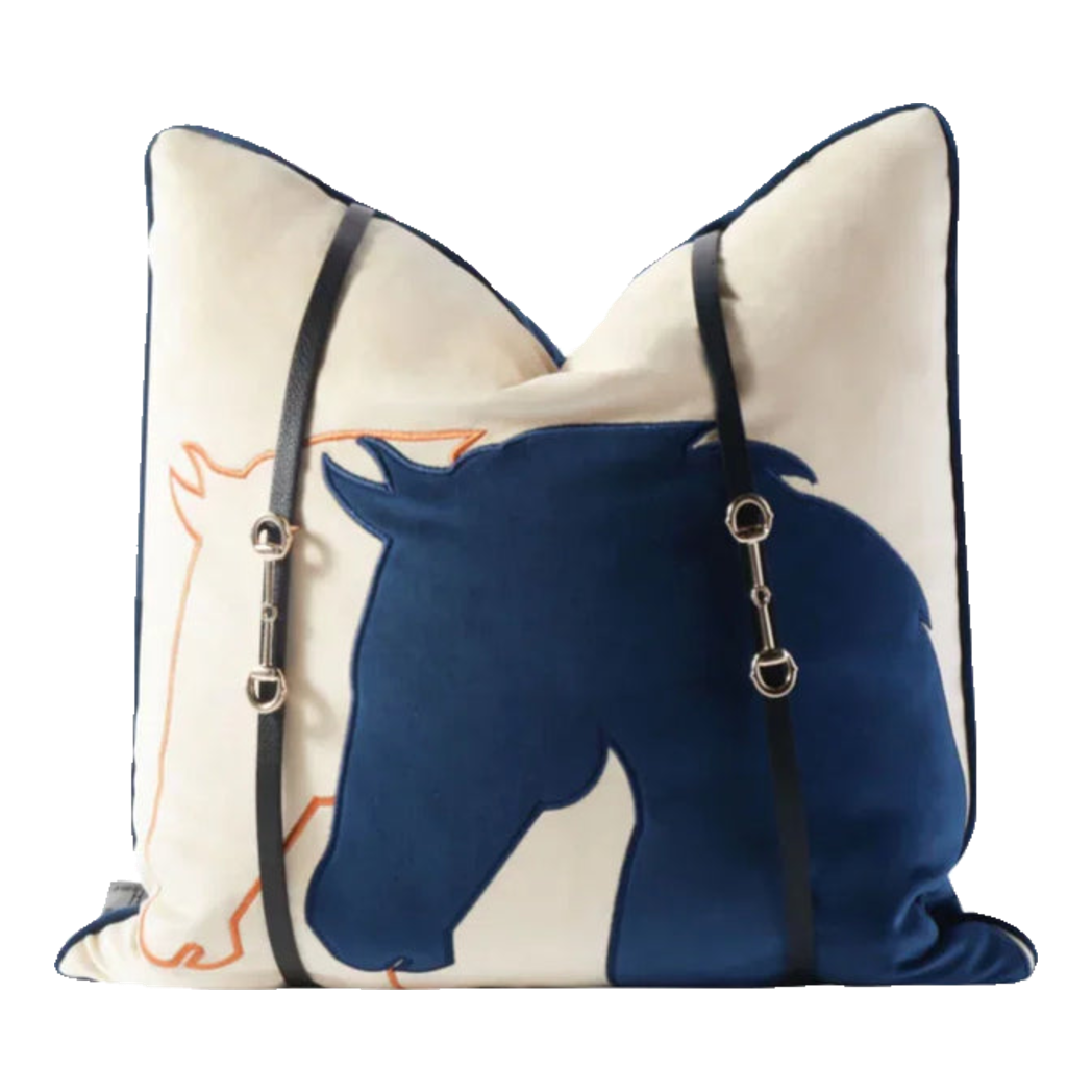 Vỏ Gối Velour Ivoire Perlé Royale Équestre Bleu Harness 45