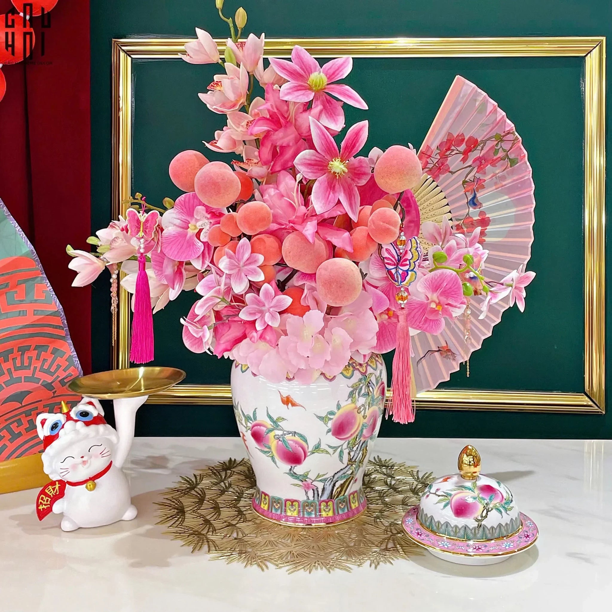 Bình Hoa Bạch Ngọc - Đào Tiên Ngự Phúc- White Jade Vase – Celestial Peach Blessing H31-CẬU HAI HOME DECOR