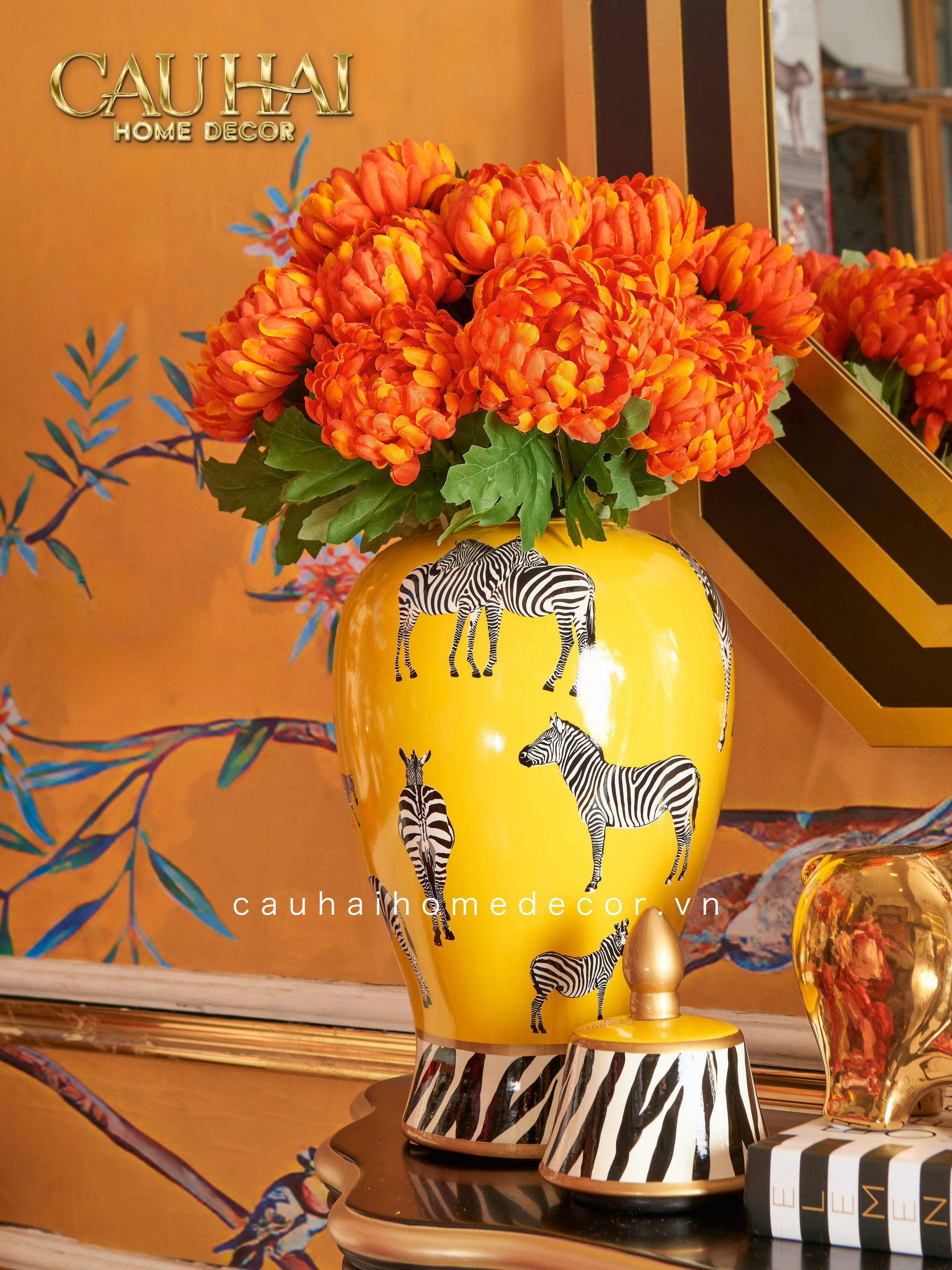 Bình Hoa Gốm Sứ Tráng Men Zebra Doré Lidded Vase H49-CẬU HAI HOME DECOR