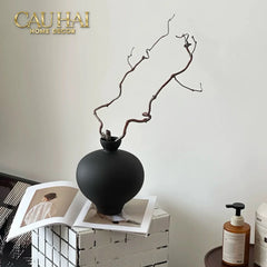 Bình Hoa Gốm Tròn Đen Noire Pearl Pottery Vase 23.5x17-CẬU HAI HOME DECOR