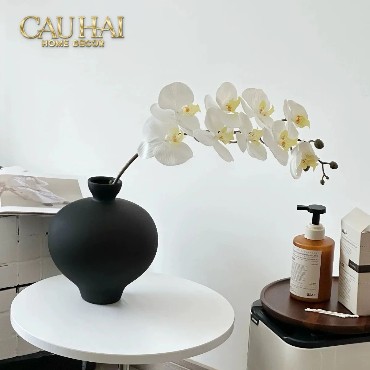 Bình Hoa Gốm Tròn Đen Noire Pearl Pottery Vase 23.5x17-BÌNH HOA-CẬU HAI HOME DECOR