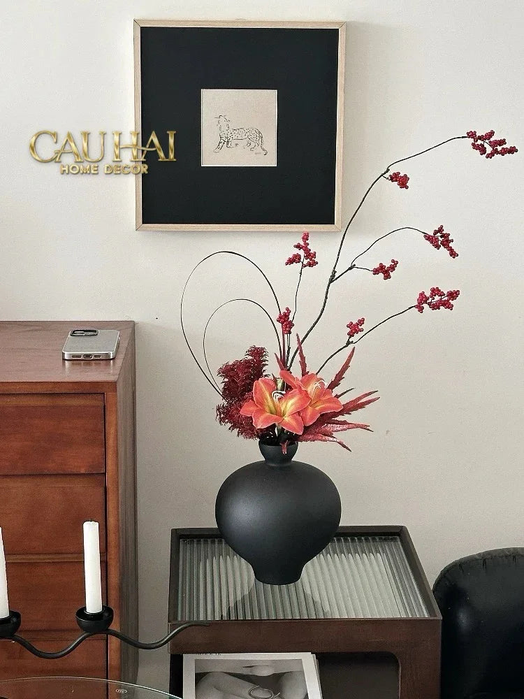 Bình Hoa Gốm Tròn Đen Noire Pearl Pottery Vase 23.5x17-CẬU HAI HOME DECOR