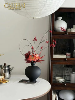 Bình Hoa Gốm Tròn Đen Noire Pearl Pottery Vase 23.5x17-CẬU HAI HOME DECOR