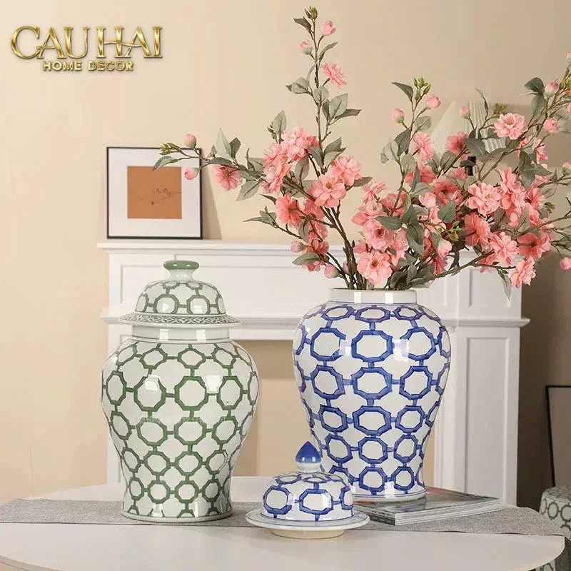 Bình Hoa Indochine Ginger Jar Oriental Heritage – Bleu Treillis H35-CẬU HAI HOME DECOR