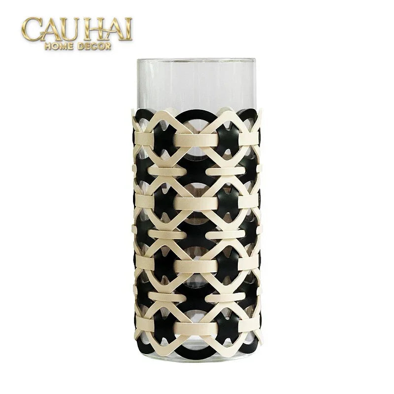 Bình Hoa Thuỷ Tinh Hình Trụ Phối Da Đan Woven Leather Cylinder Glass Vase 10x25-CẬU HAI HOME DECOR