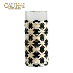 Bình Hoa Thuỷ Tinh Hình Trụ Phối Da Đan Woven Leather Cylinder Glass Vase 10x25-CẬU HAI HOME DECOR