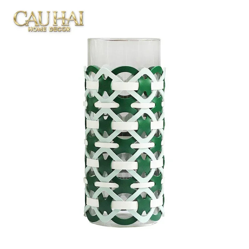 Bình Hoa Thuỷ Tinh Hình Trụ Phối Da Đan Woven Leather Cylinder Glass Vase 10x25-BÌNH HOA-CẬU HAI HOME DECOR