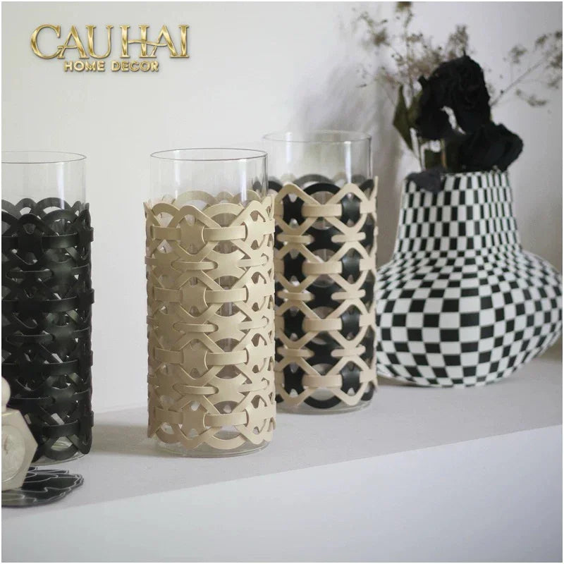 Bình Hoa Thuỷ Tinh Hình Trụ Phối Da Đan Woven Leather Cylinder Glass Vase 10x25-BÌNH HOA-CẬU HAI HOME DECOR