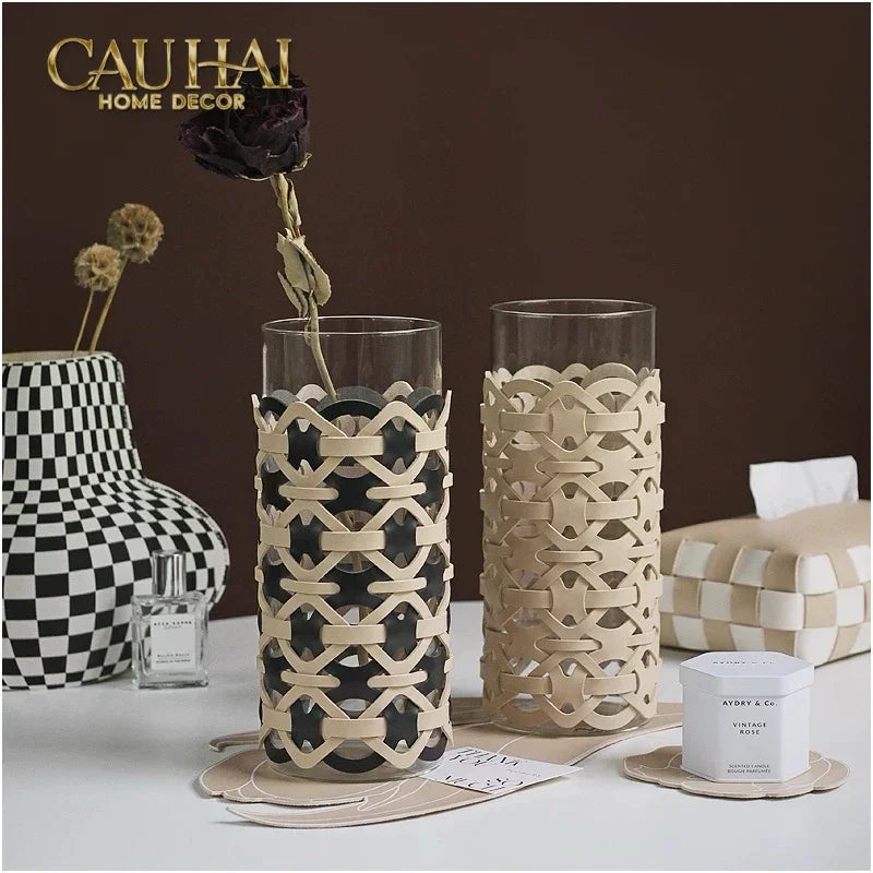 Bình Hoa Thuỷ Tinh Hình Trụ Phối Da Đan Woven Leather Cylinder Glass Vase 10x25-BÌNH HOA-CẬU HAI HOME DECOR