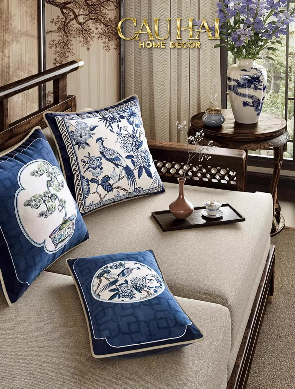 Bộ Gối Đệm Ghế Indochine Oriental indigo Bloom Art 40x50 / 30x50-VỎ GỐI-Đối tác tại Trung Quốc theo từng đơn đặt hàng-CẬU HAI HOME DECOR