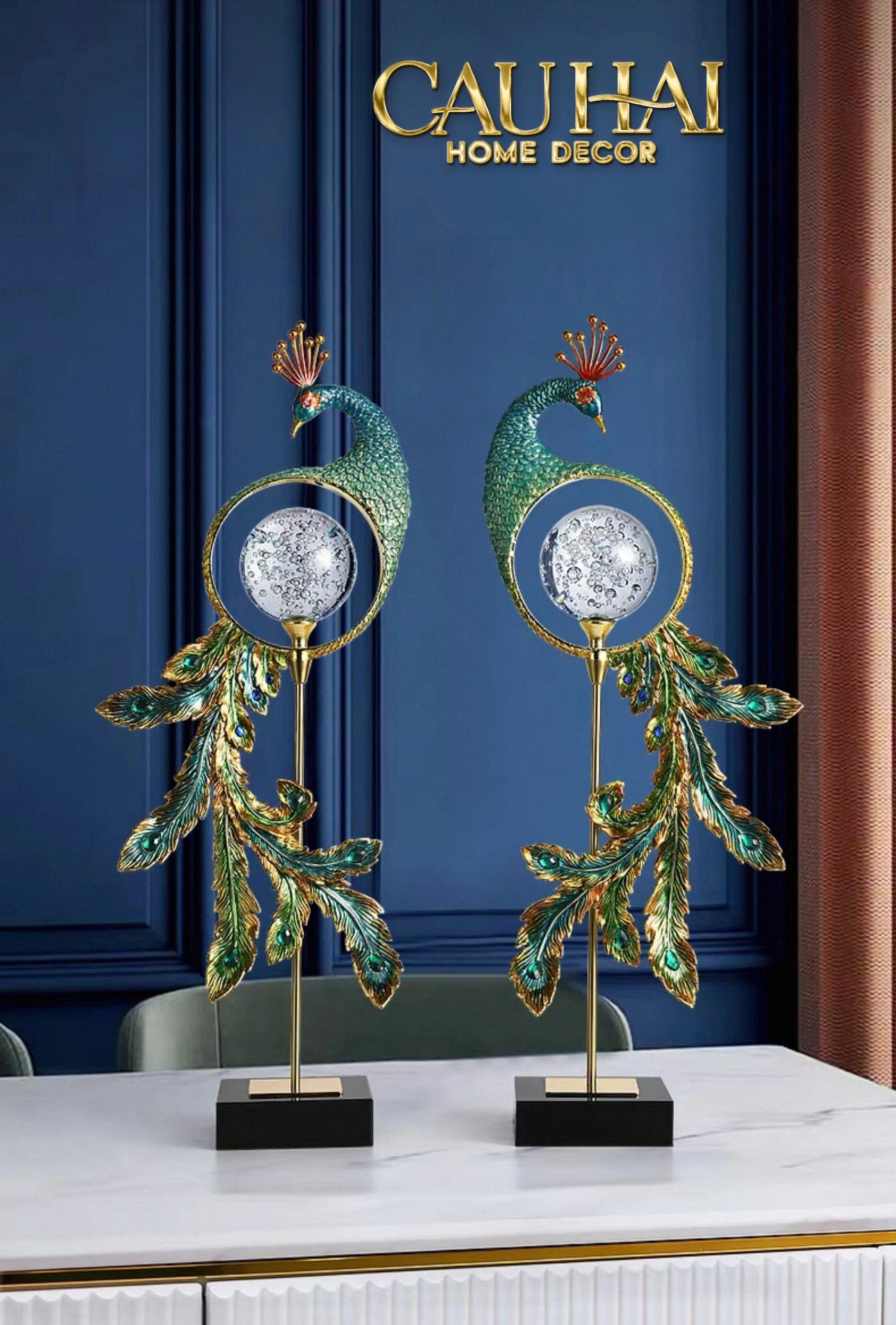 Maison Couture -  Tượng Đồng Khổng Tước Hoàng Gia Majestic Aurelia Paon – Brass & Crystal Art Sculpture