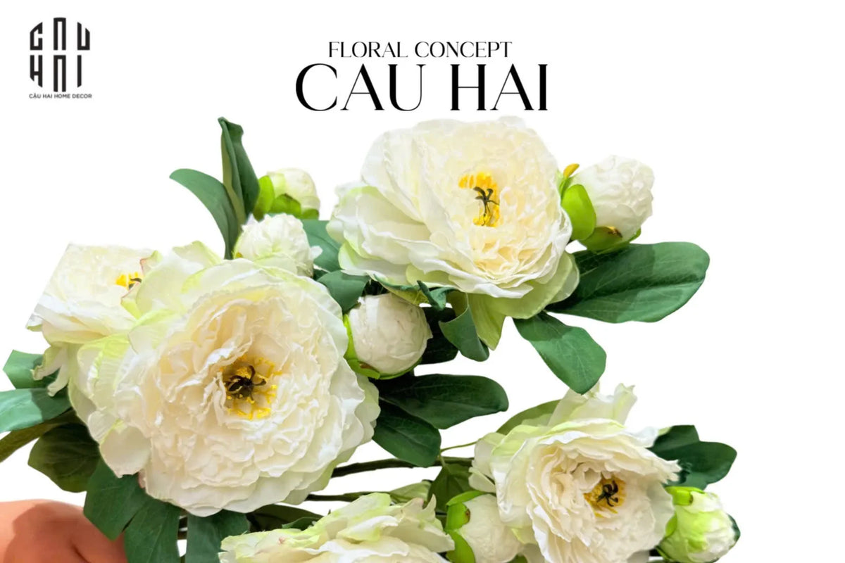Cành Hoa Mẫu Đơn Peony Lactiflora - White-Hoa Lụa-CẬU HAI HOME DECOR