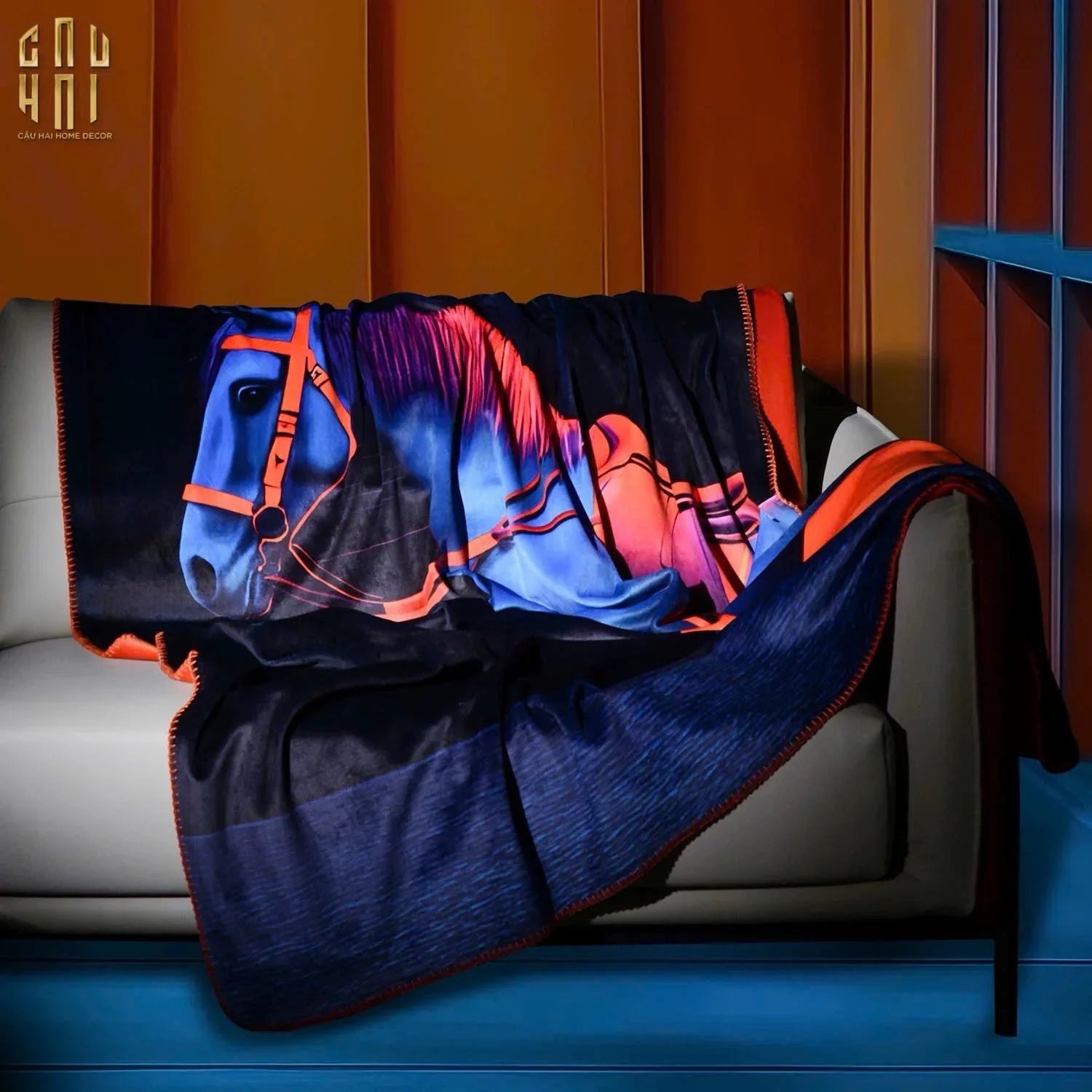 Chăn Sofa Nhung Hà Lan Marine Stallion Royale Bleu Velvet Blanket - 150X150-CẬU HAI HOME DECOR