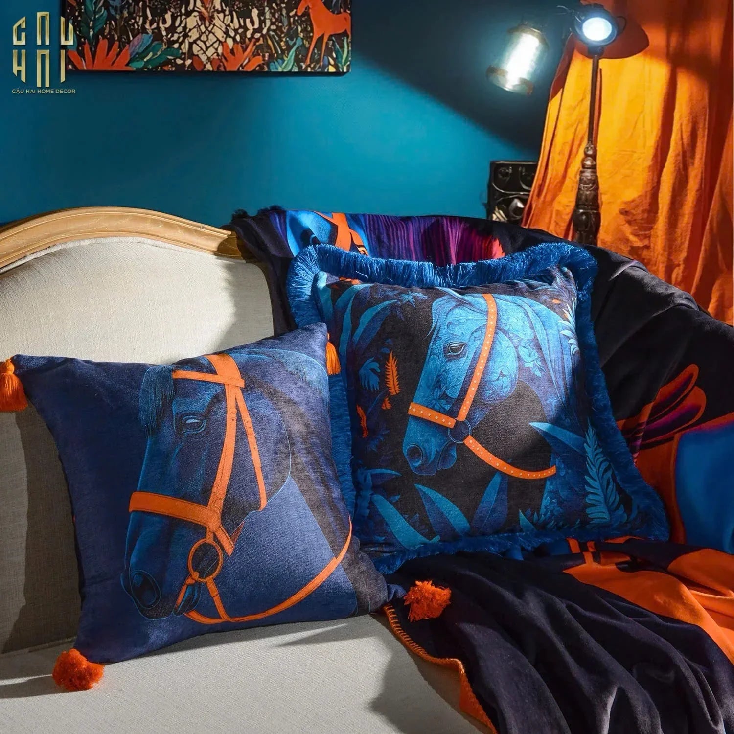 Chăn Sofa Nhung Hà Lan Marine Stallion Royale Bleu Velvet Blanket - 150X150-CẬU HAI HOME DECOR