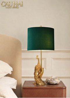 Đèn Bàn Khổng Tước Chụp Nhung Emerald Gold Le Impérial Paon Side Table Lamp 25x64-CẬU HAI HOME DECOR