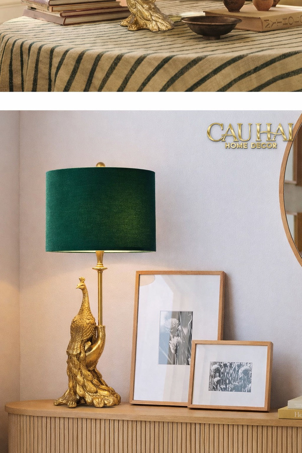 Đèn Bàn Khổng Tước Chụp Nhung Emerald Gold Le Impérial Paon Side Table Lamp 25x64-CẬU HAI HOME DECOR