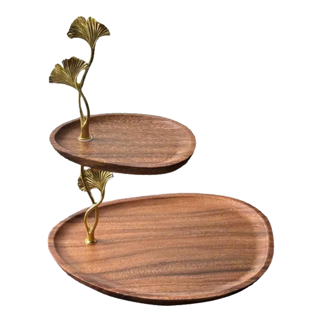 Đĩa 2 Tầng Gỗ Óc Chó Lá Ngân Hạnh - Ginkgo Walnut Deux Niveaux Étagère 26x29