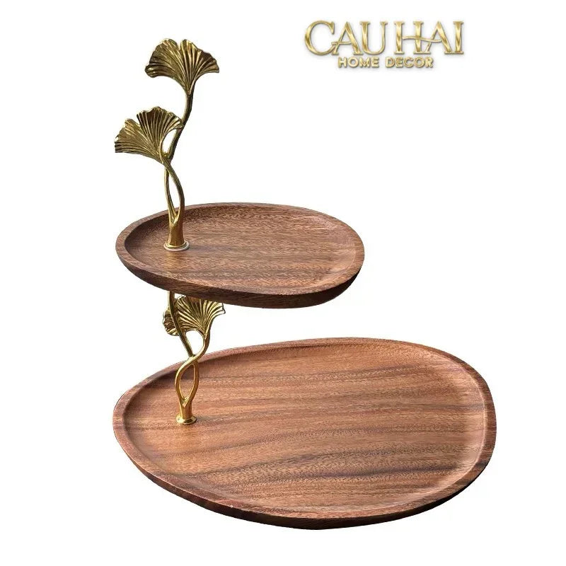 Đĩa 2 Tầng Gỗ Óc Chó Lá Ngân Hạnh - Ginkgo Walnut Deux Niveaux Étagère 26x29-CẬU HAI HOME DECOR